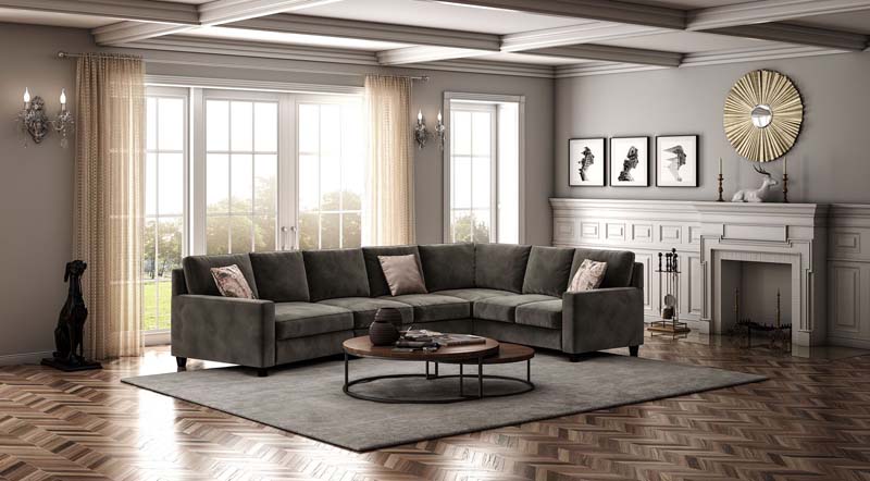 Neutral grey couch with enough seating for guests